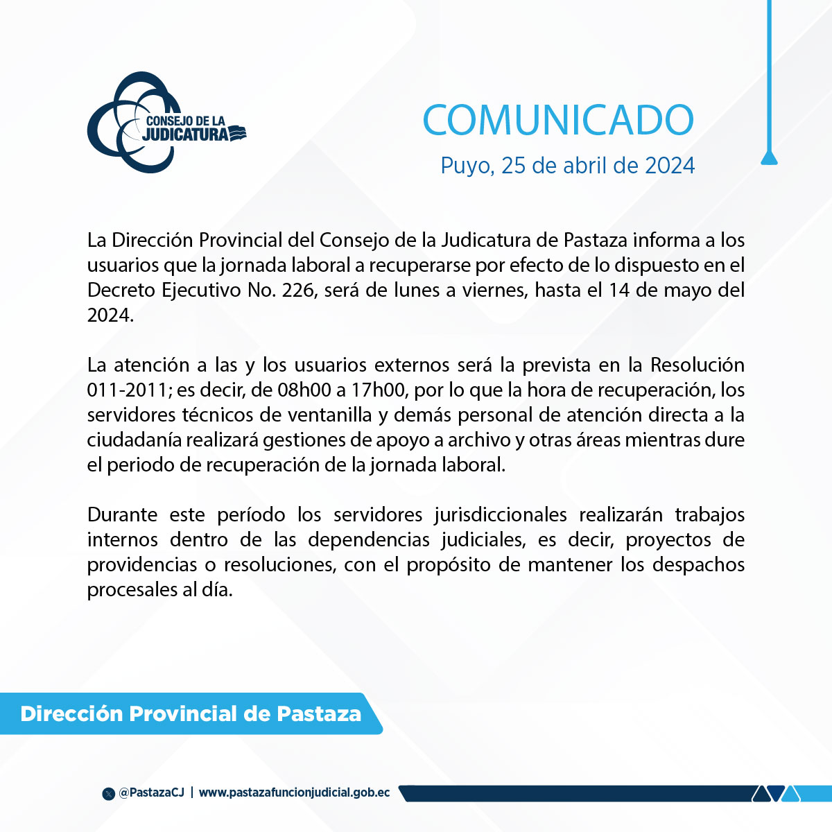 📑#COMUNICADO | La Dirección Provincial del @PastazaCJ a los usuarios: