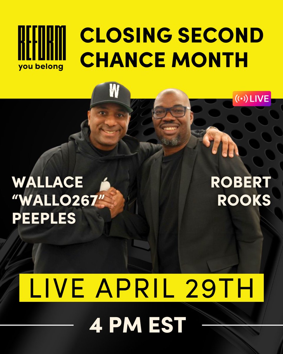 .@Wallo267 has hit the ground running at @REFORM! He's a fierce advocate for justice! Both @RobertRooks5 & Wallo have special insight into the importance of lifting up the stories of returning citizens. Mark your calendar for this special conversation on @REFORM's Instagram!