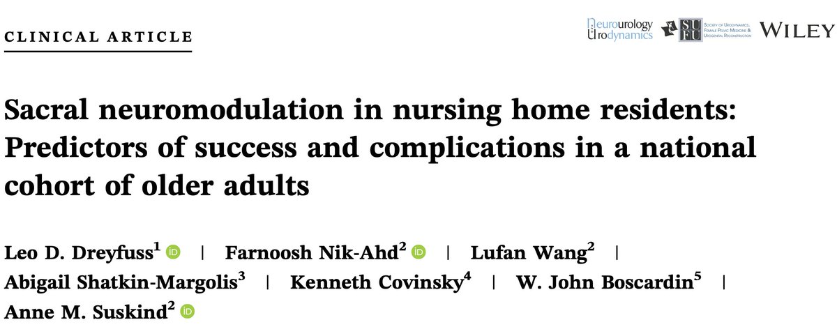 Excited to share our recent publication where we report outcomes following Sacral Neuromodulation in 1,089 nursing home residents in the United States. onlinelibrary.wiley.com/doi/10.1002/na… @Uro_KIND @UCSFUrology @WCMUrology @NeurourolUrodyn