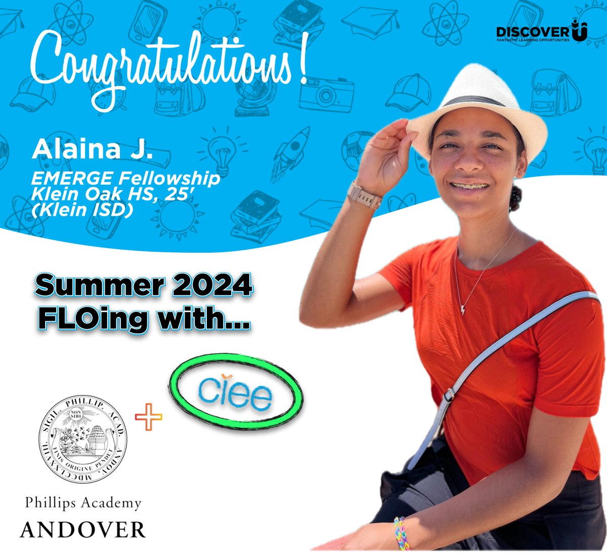 Meet Alaina, a @KleinOak and @emergevillage standout! Accepted to two FLOs for summer 2024, she's off to Spain with @CIEESeville and @Andover_Summer  at @phillipsacademy in Massachusetts. Ready to conquer new horizons! 🌍✈️ #ExperienceMatters #DiscoverU