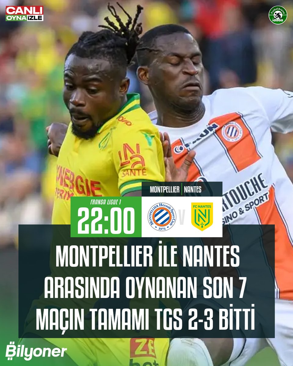 ⚽ Montpellier ile Nantes arasında oynanan son 7 maçın tamamı TGS 2-3 bitti. 📲 Maçın Eğlencesi Bilyoner'e Girdiğin An Başlar! HEMEN OYNA! ➤ bit.ly/BilyonersenKaz…