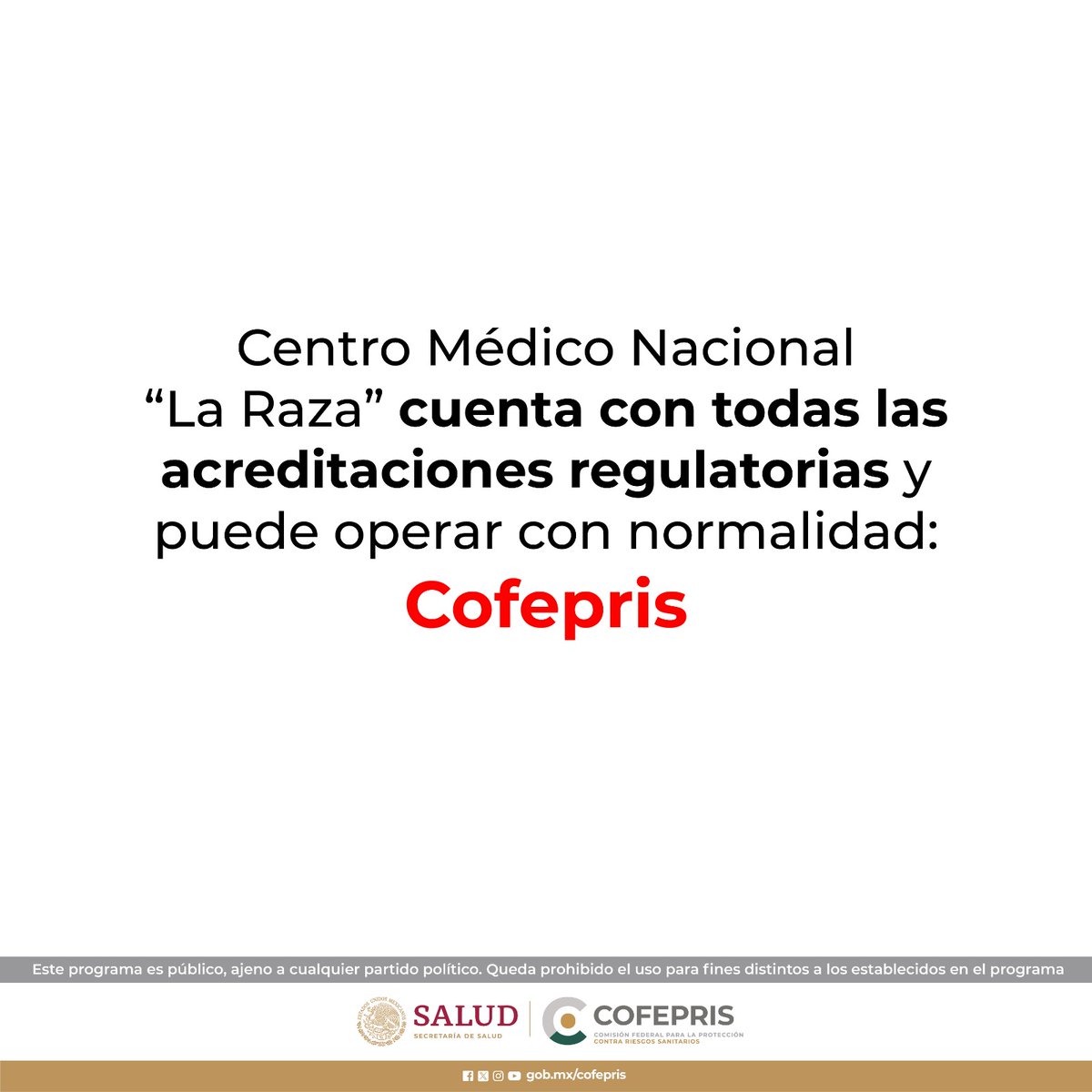 Centro Médico Nacional “La Raza” cuenta con todas las acreditaciones regulatorias y puede operar con normalidad: Cofepris.

👉bit.ly/3vXPCC8