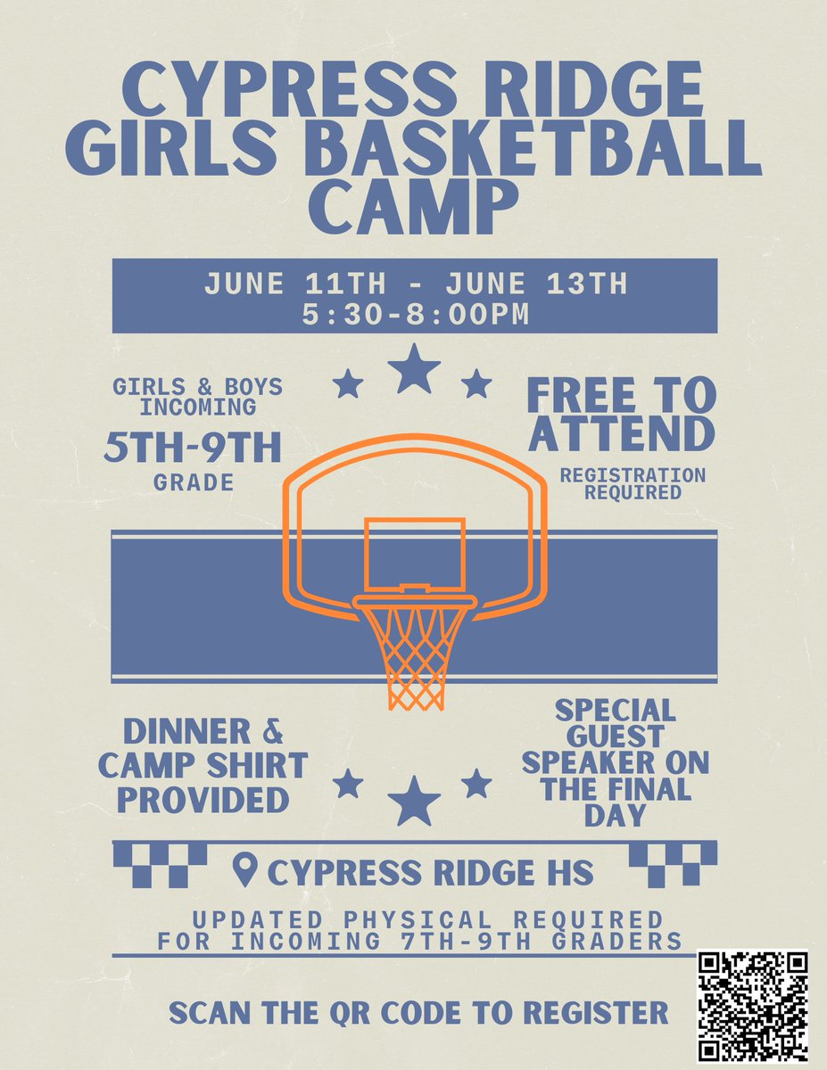 🚨CALLING ALL FUTURE RAMS🚨 What are you doing this summer?! 🏀🔥🐏 Join us for our summer basketball camp! All incoming 5th-9th graders in our feeder pattern are invited! FREE to attend, but you must use the link attached / QR code to sign up! See flyer below for more details!