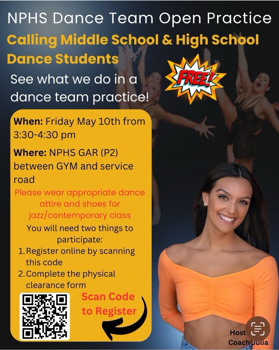 Practice with @nphsdanceteam on Friday May 10th. Only two requirements: register online & complete the athletic clearance. @SMS_CVUSD @Sycamore_Canyon @Redwood_MS @NPHS_Activities @NPHSAthletic
