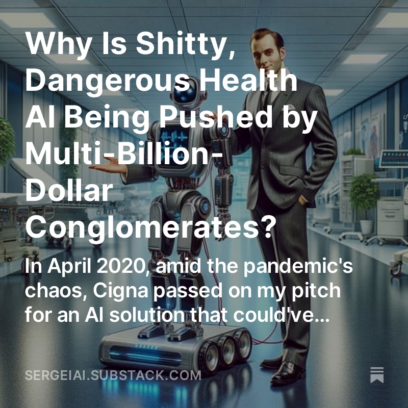 @realdocspeaks Using foundational AI models (such ChatGPT, Gemini, and even Google's Med PaLM 2) for medicine is irresponsible and dangerous. These models were not built (not to mention, tested) for healthcare, especially for precision medicine and diagnostics. Corporations will continue
