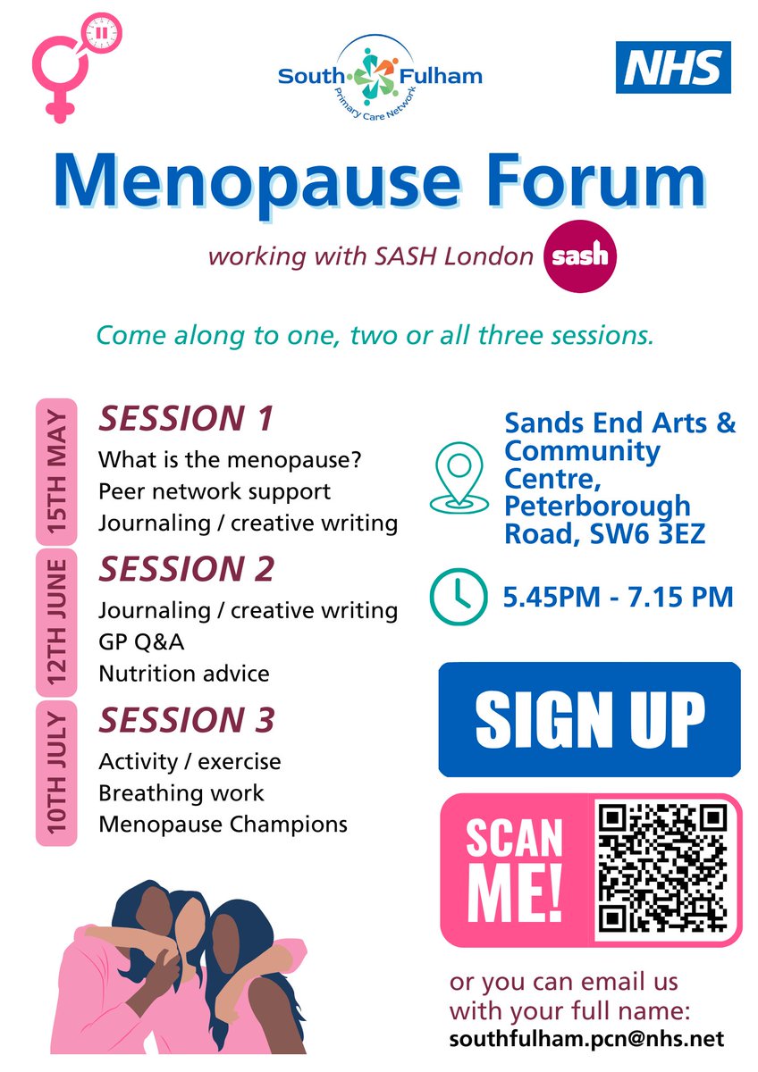 Our Menopause Forum is back! A comfortable space to share experiences, meet others and take part in activities - open to all!
Scan QR code or email us to find out more southfulham.pcn@nhs.net 
#Menopause #WomensHealth 
📅15/05, 12/06, 10/07
⏰5.45-7.15pm
🏢@SeaccFulham