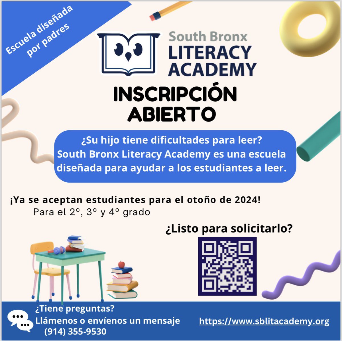 Enrollment for South Bronx Literacy Academy is now open! Accepting students for 2nd, 3rd and 4th grades. Have questions or ready to apply? 

Interest Form: forms.gle/gBqBgYToaFrBQT…
MySchools (English): myschools.nyc/en/
MySchools(Español): myschools.nyc/es/sp/