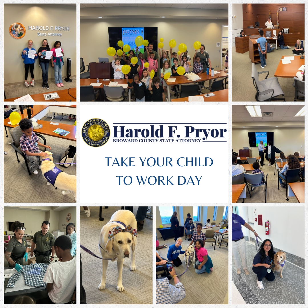 More fun from #TakeYourChildToWorkDay at the Broward State Attorney's Office. The kids met with therapy dogs from Canine Assisted Therapy, participated in a mock trial, tried on a judicial robe, and learned about crime scene forensic techniques from the Broward Sheriff's Office.