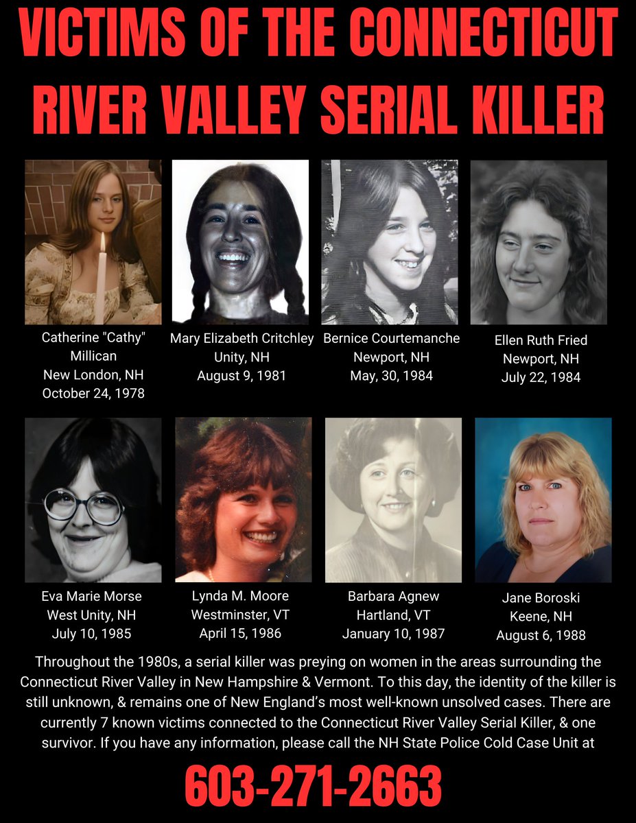 Throughout the 80s, a serial killer was preying on women in the areas surrounding the CT River Valley in NH & VT. There are currently 7 known victims & one survivor. If you have any info, please call 603-271-2663. #TipTuesday #NHUnsolved