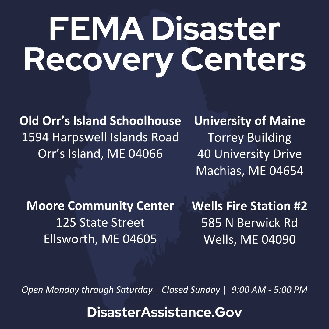 UPDATE: The hours of operation for @fema centers in Washington, York, Cumberland & Hancock counties are now Monday through Saturday from 9 AM - 5 PM. For assistance: ☎️ Call 1-800-621-3362 🖥️ Visit DisasterAssistance.gov 💬 Get help in-person at a Disaster Recovery Center