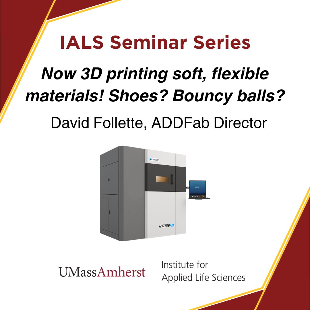Join us for the next lecture in our Spring Seminar Series! David Follette, Director of ADDFab 'Now 3D printing soft, flexible materials! Shoes? Bouncy balls?' April 30th, 2-3pm LSL S330 Register: docs.google.com/forms/d/e/1FAI… #IALSSeminarSeries