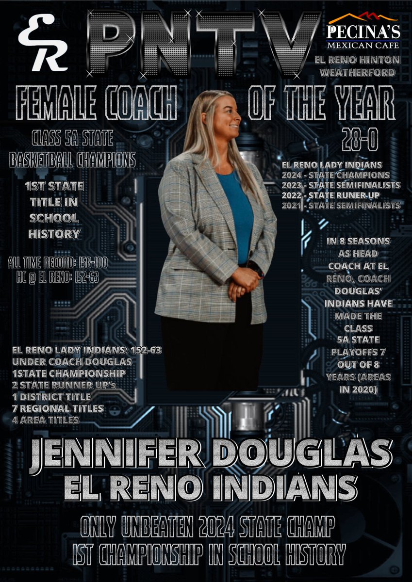 #OKPrepStory: Prep Nation names Jennifer Douglas of @ElRenoPS as 2024 Female Coach of the Year. @CoachJDoug led the Lady Indians to 28-0 & 1st Ever State Title (Class 5A) 7 State Playoffs 2x State Runner Up 152-63 in 8 Seasons @ ERHS Mom to 13-Year Old Daughter+ Foster Parent