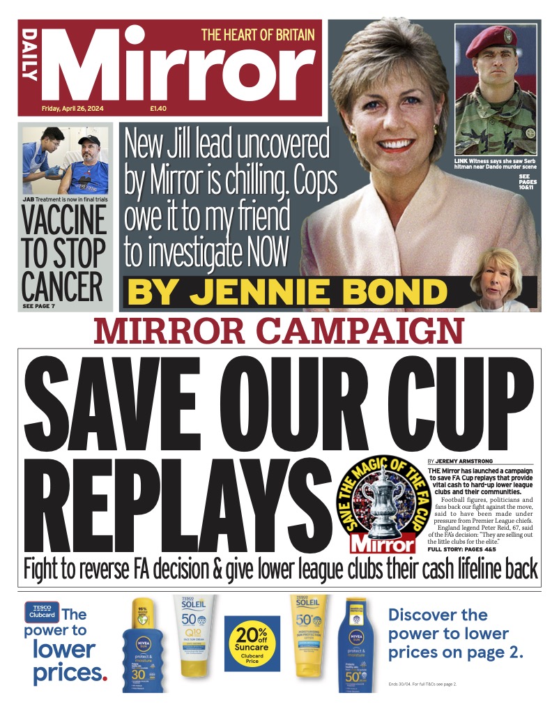 Friday's front page: Save our cup replays mirror.co.uk/sport/football… #TomorrowsPapersToday