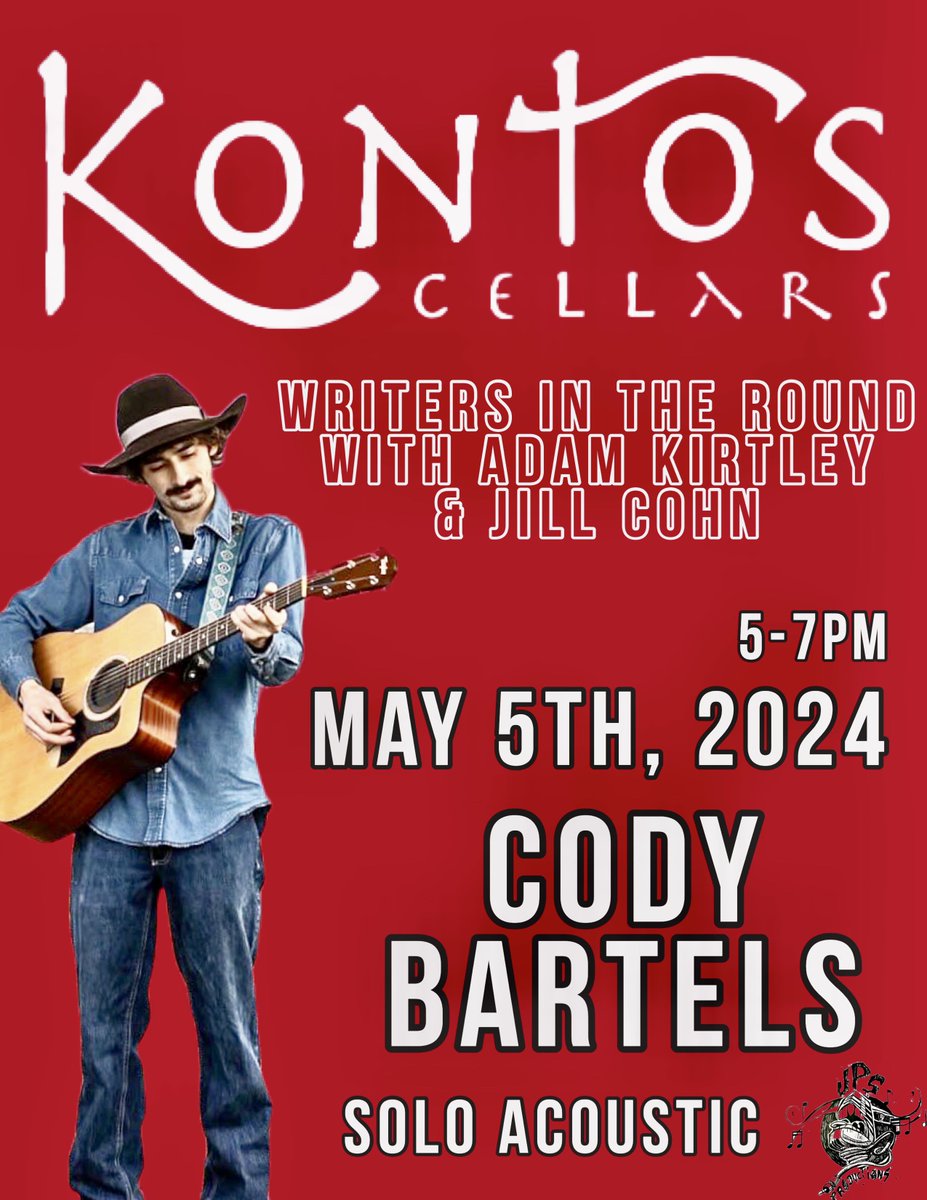 Come out and end your weekend with a fine wine and the Writers in the Round with me.

I'll be joining two other songwriters tonight at Kontos Cellars and we would love to have you there!

The fun starts at 5PM

#codybartels #JPSProductions #soloshow #pnw #alternativecountry #Live