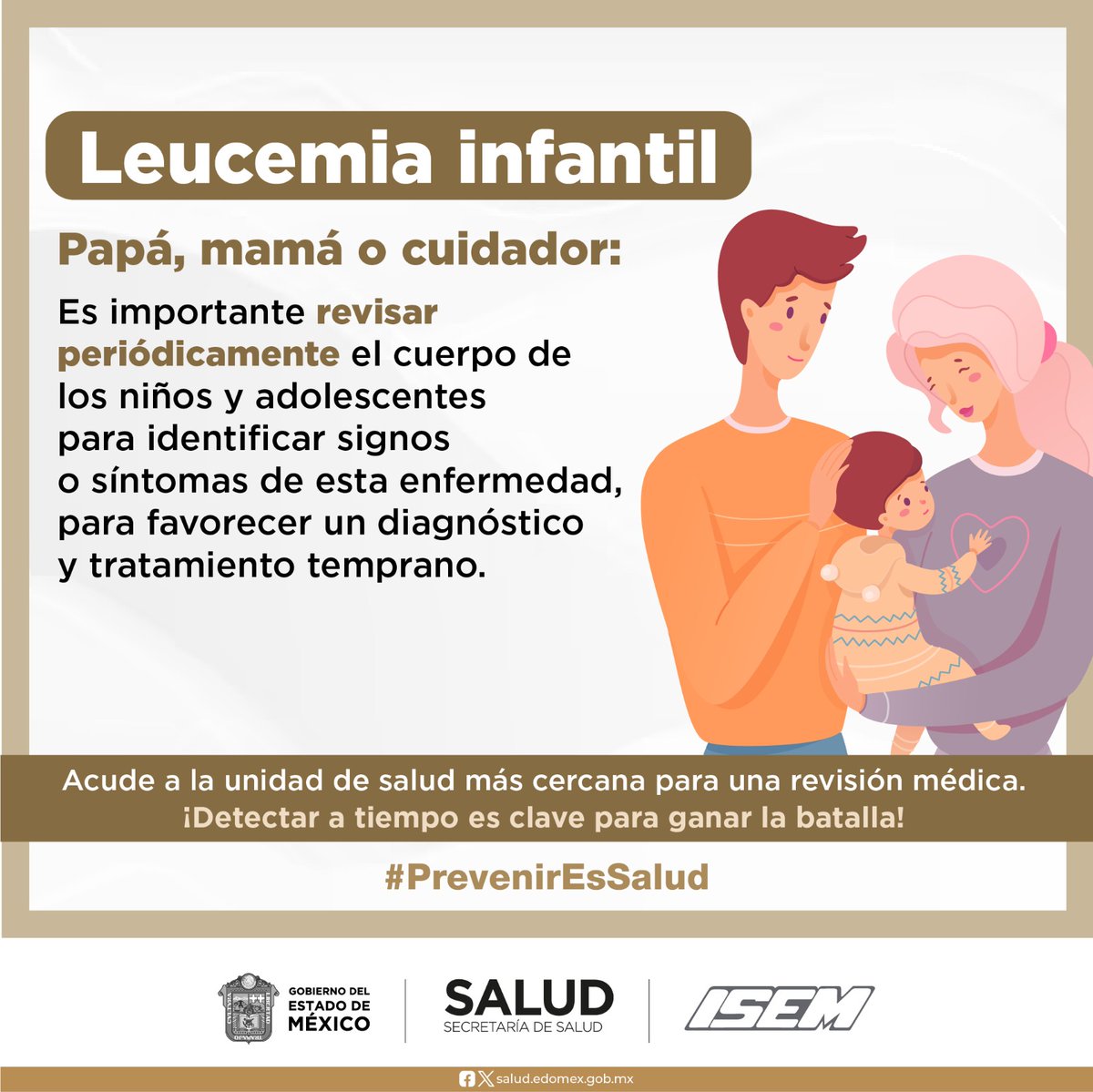 #LeucemiaInfantil | Revisemos periódicamente el cuerpo de los niños y adolescentes para detectar oportunamente cualquier anomalía. ¡Detectar a tiempo es clave para ganar la batalla!. #PrevenirEsSalud Editar