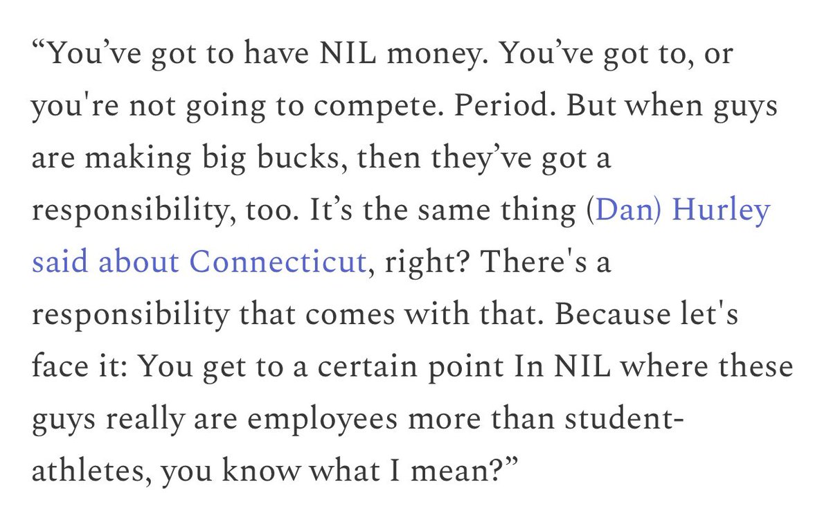 Have to give Indiana football coach Curt Cignetti credit for his honesty. He admits that most #NIL money is just a salary for playing football, and that the players “really are employees.”