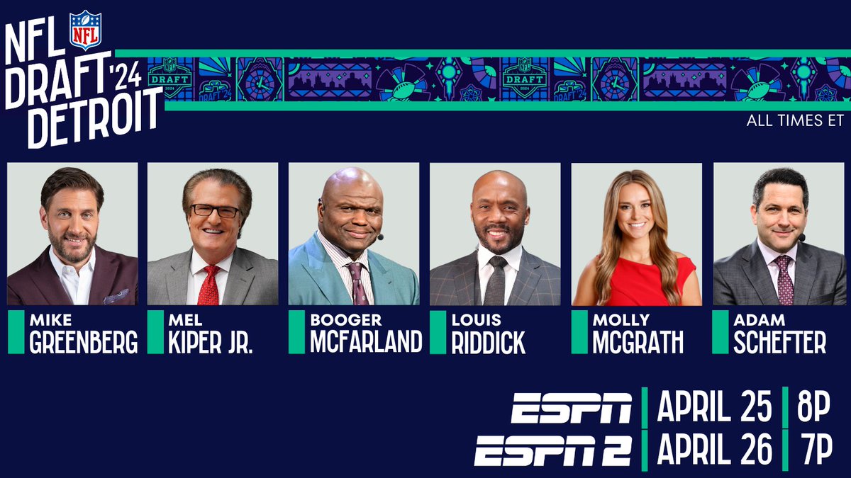 Meet the commentator team for ESPN's presentation of the 2024 #NFLDraft on April 25 & 26 🎙 @Espngreeny 🎙 @MelKiperESPN 🎙 @ESPNBooger 🎙 @LRiddickESPN 🎙 @MollyAMcGrath 🎙 @AdamSchefter More: bit.ly/43ZmHde