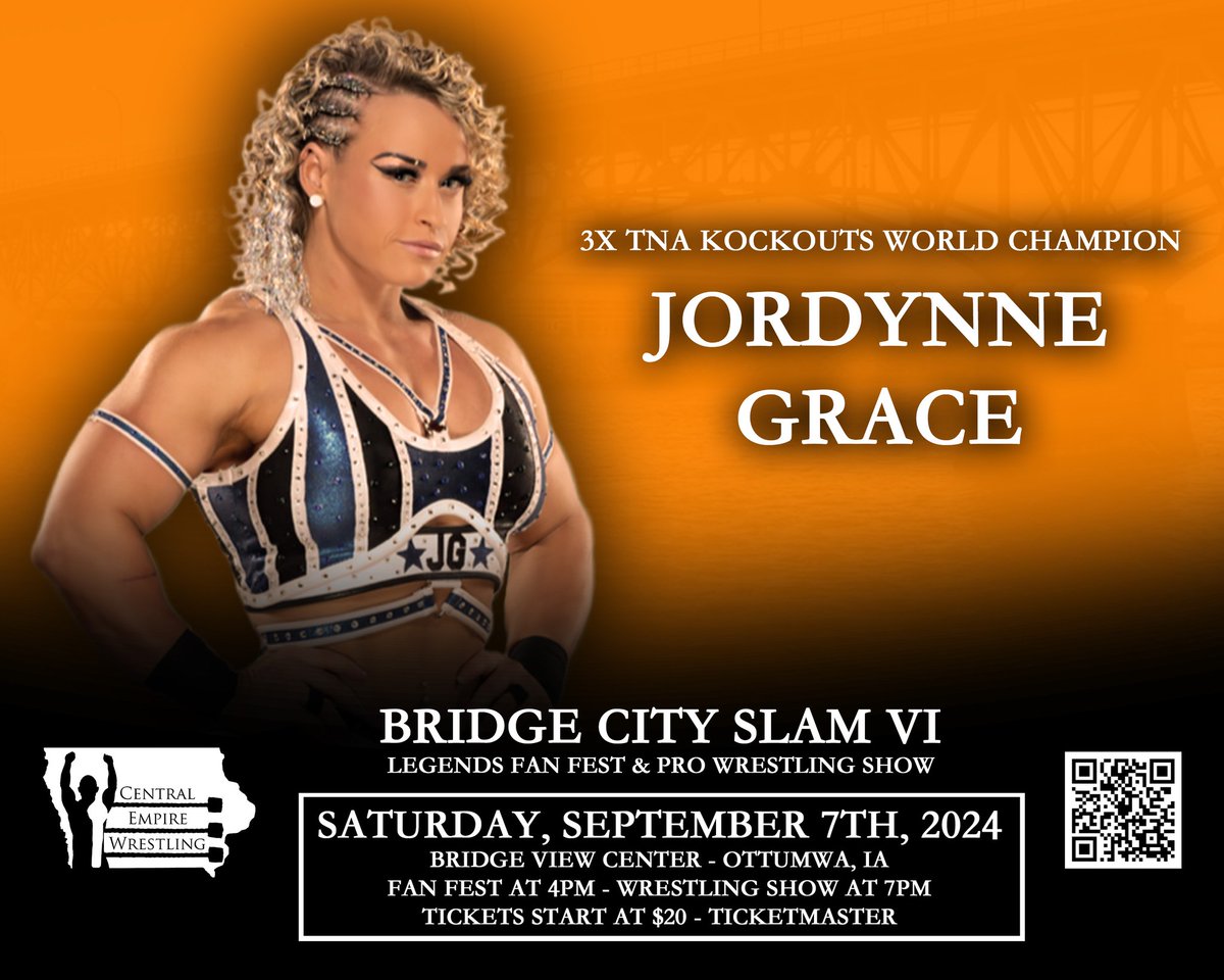 Did you know @JordynneGrace is coming to Bridge City Slam Saturday Sept 7th in Ottumwa, IA at the Bridge View Center? Fan Fest 4pm-7pm Live Wrestling: Starts at 7pm Ticket to fanfest includes wrestling show! Buy Tickets:bit.ly/3PIpj9B