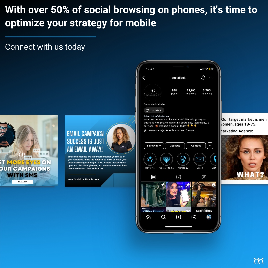 📱 With over 50% of social browsing on phones, it's time to optimize your strategy for mobile! SocialJack Media creates experiences tailored to the swipe-and-scroll culture. Ready to elevate your mobile social media presence? #MobileFirst #SocialMediaStrategy