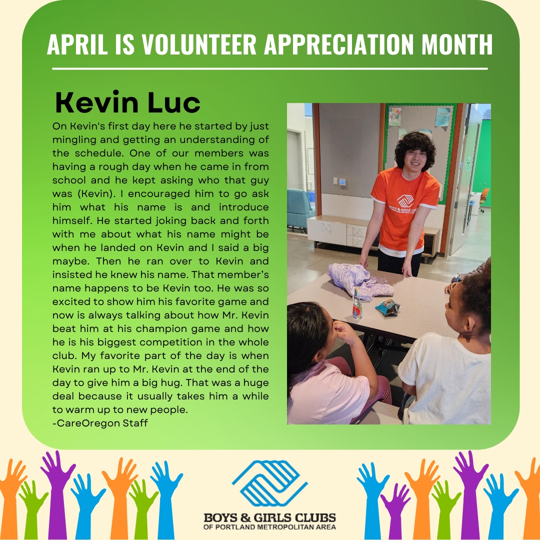 BGCPortland's tweet image. Let's take a moment to recognize Kevin Luc, an exceptional volunteer at Boys and Girls Clubs, for his outstanding dedication! 👏

Thank you, Kevin Luc, for your unwavering commitment and for positively impacting the lives of our members! 💙

#VolunteerMonth #BGCP #MVPs
