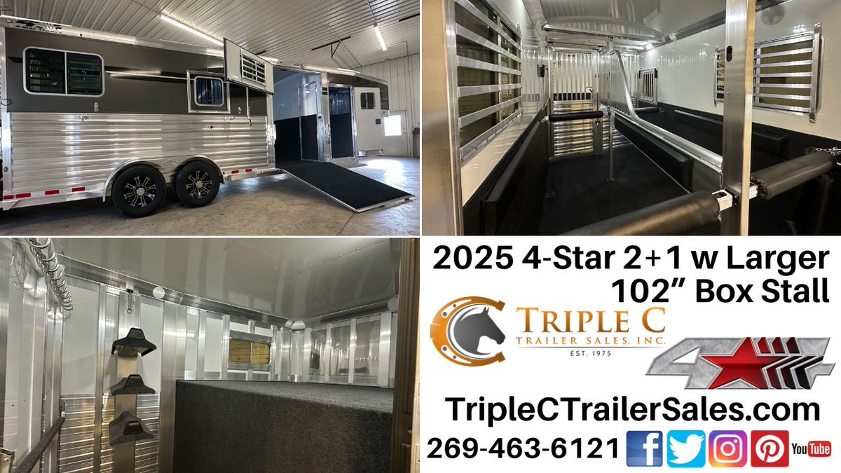2025 4-Star 2+1 w Larger 102” Box Stall:
bit.ly/2025-4Star-3H 🐴🐴🐎🚌🤠🏆🌎
Triple C Trailer Sales  269-463-6121 @TripleCTrailers 

#horse #Horses #Trailer #Trailers #equestrian #ponyhour #horsehour #HorseTrailer #Michigan