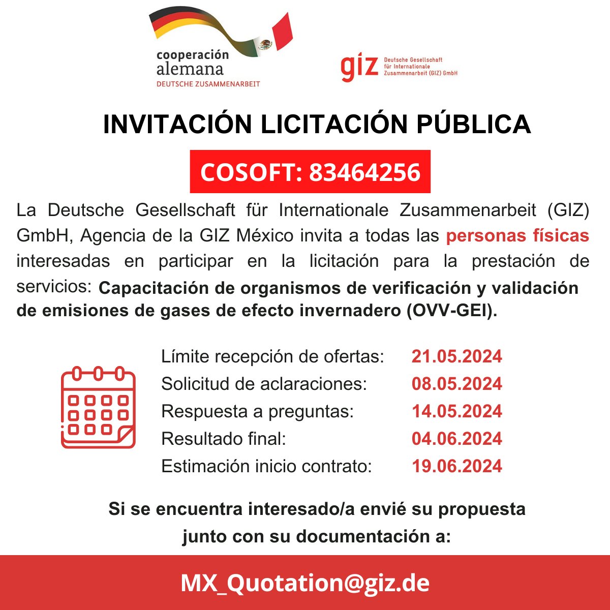 La Deutsche Gesellschaft für Internationale Zusammenarbeit (GIZ) GmbH, Agencia de la GIZ México invita a todas las personas físicas interesadas en participar en la siguiente licitación: Visite nuestro sitio web para más información: giz.de/en/worldwide/6…