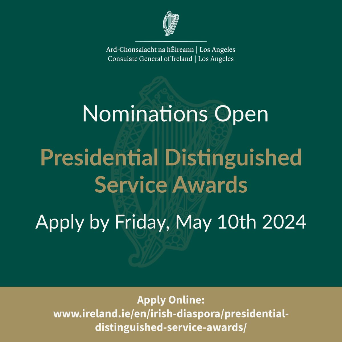 🚨 We are almost 2 weeks away from the deadline to submit nominations for the 2024 Presidential Distinguished Service Awards! Submit your applications by Friday, 10 May. Learn more about the award and how to nominate here: ireland.ie/en/usa/losange…