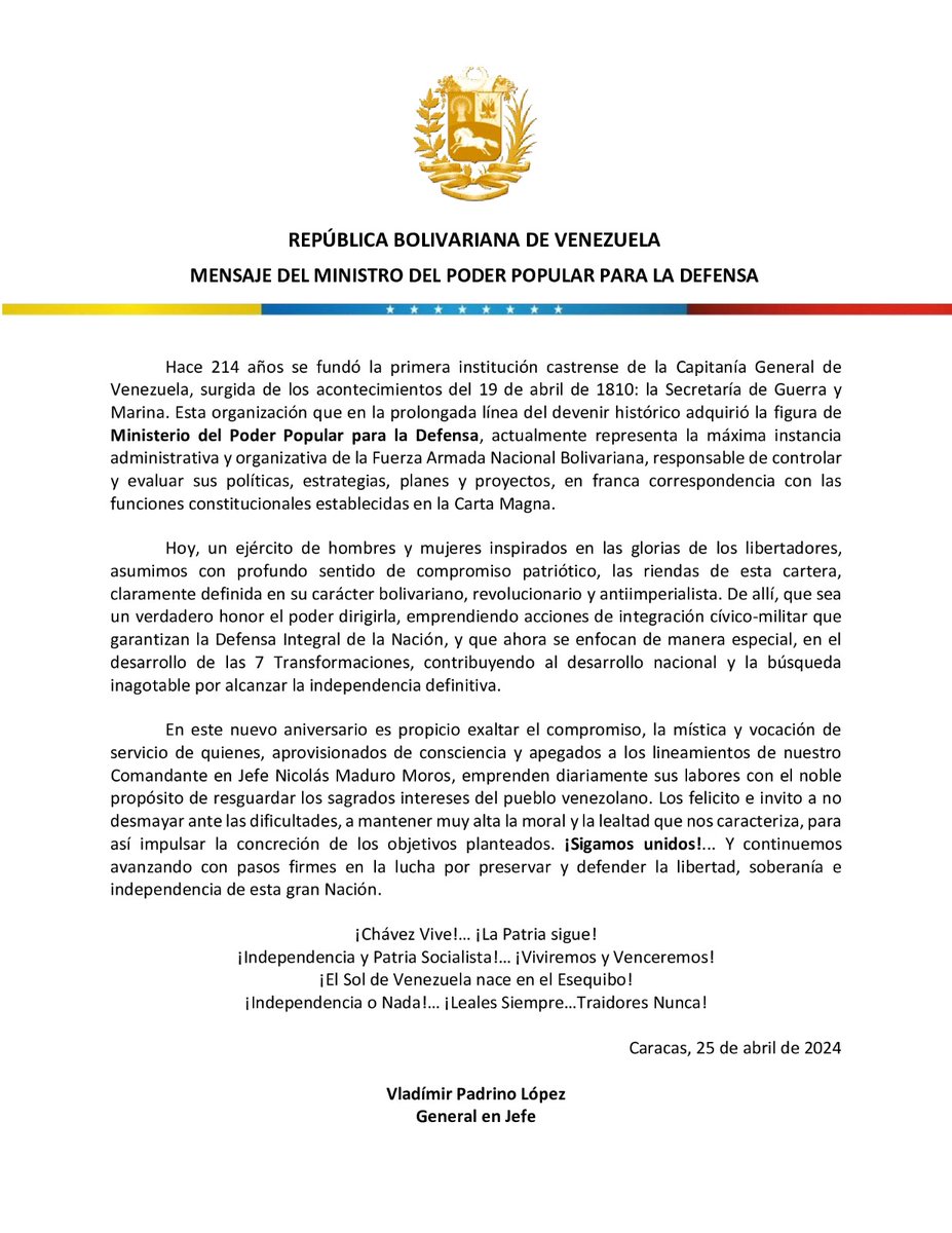 📄 Mensaje del GJ Vladímir Padrino López con motivo de celebrarse el 214º Aniversario del Ministerio del Poder Popular para la Defensa.