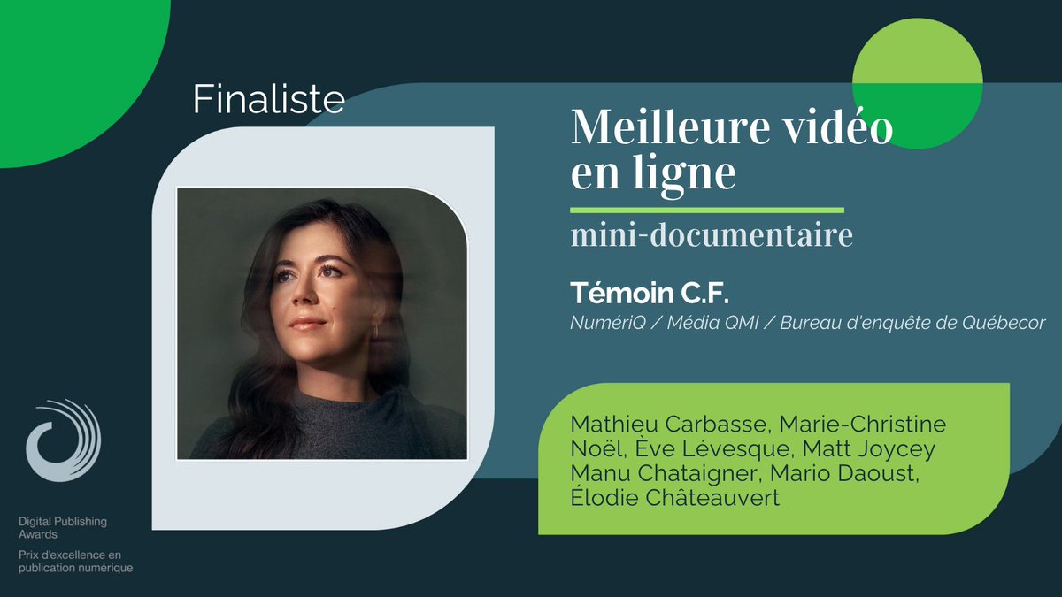 Félicitations à l'équipes à NumériQ, Média QMI, Bureau d'enquête de Québecor @Quebecor pour leur mini-documentaire « Témoin C.F. » @matcarbasse @MarieC_Noel @Eve_Levesqu3 #DPA24 digitalpublishingawards.ca/fr/finalistes2…