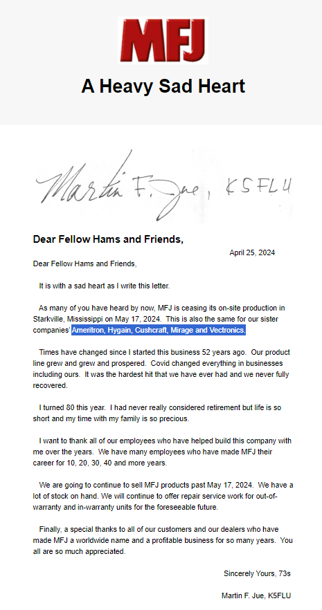 K0LWC's tweet photo. 🚨The rumors are true🚨  @MFJEnterprises is ceasing production on May 17th, 2024. This impacts all their brands including: 

✅Ameritron
✅Hygain
✅Cushcraft
✅Mirage
✅Vectronics

#HamRadio (1 of 5) https://t.co/2dySXw13pN