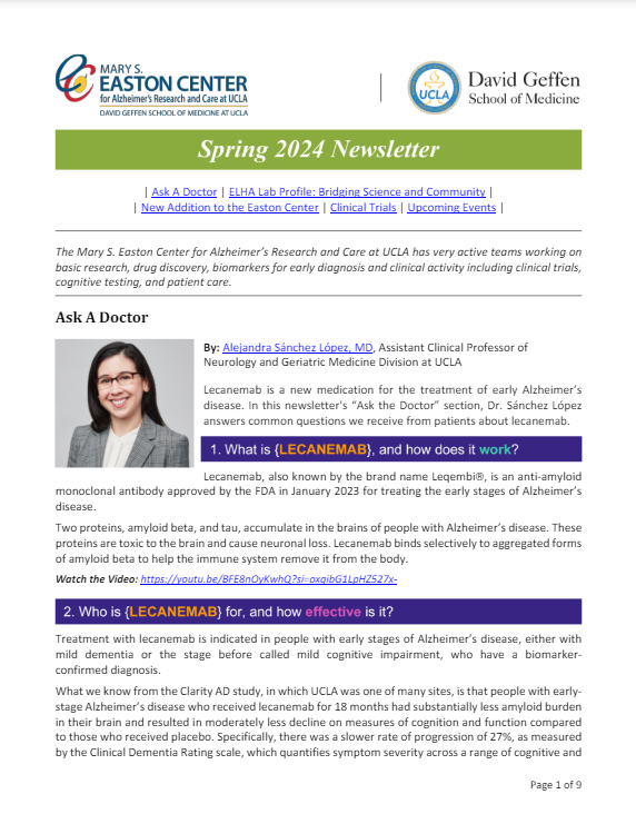 The UCLA Easton Center (@UCLAEastonAD) has posted its Spring 2024 Newsletter! It features Dr. Alejandra Sánchez López, information on the FDA-approved Lecanemab, and more! To read more the newsletter: eastonad.ucla.edu/newsletters/sp… #UCLANeurology #Alzheimers