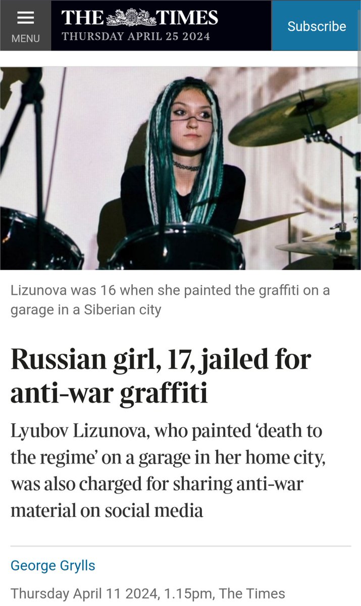 @Vivien_Jackson @olliecarroll @EliotHiggins 17-year-old Russian girl Lyubov Lizunova was sentenced to 3.5 years in prison for some graffiti and sharing anti-war posts she was 16 at the time been in custody for year awaiting trial this is how weak Putin is - afraid of the words of a schoolgirl thetimes.co.uk/article/russia…