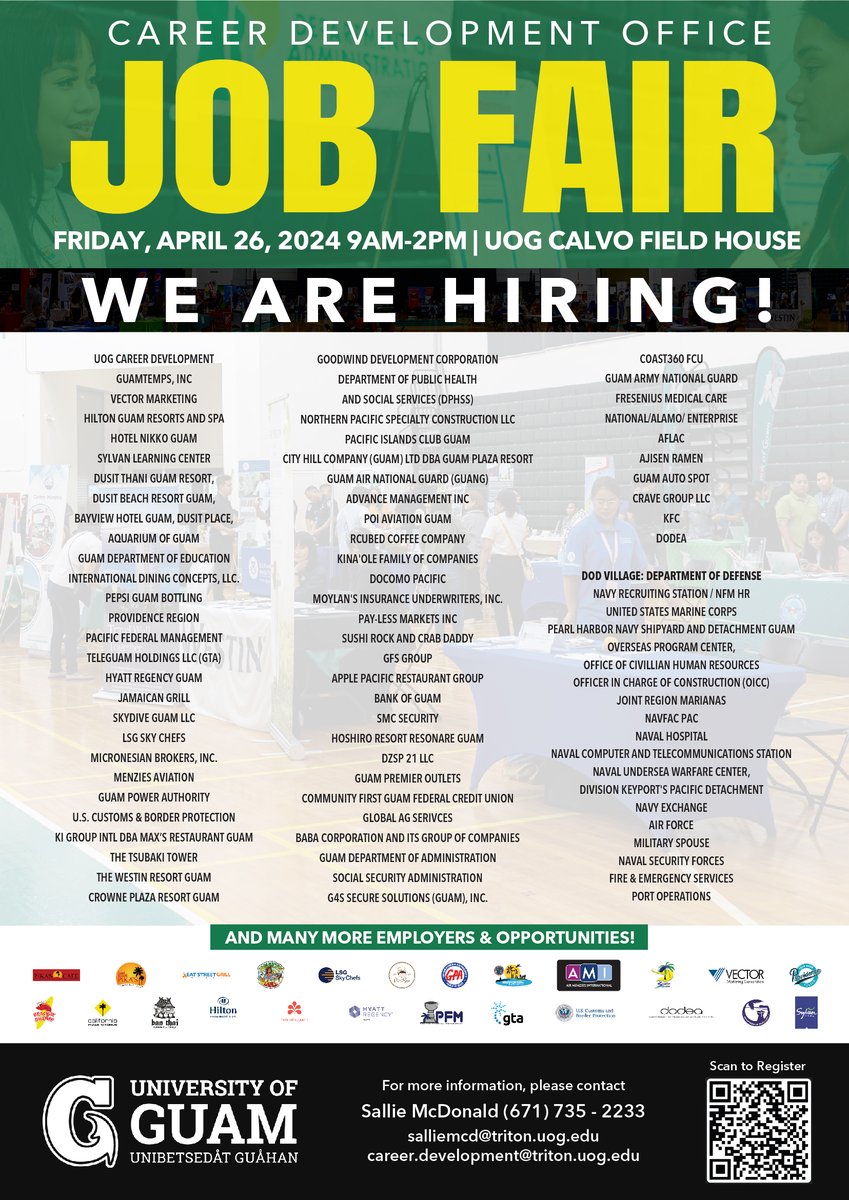 Over 70 Employers Participating in UOG Job Fair today! The University of Guam Career Development Office is holding a job fair from 9 a.m. to 2 p.m. today, April 26 at the UOG Calvo Field House. Learn more about the event at url.uog.edu/2024UOGJobFair…