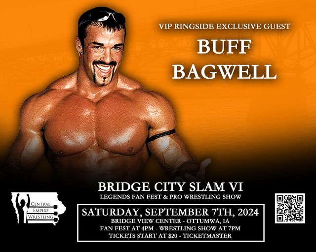 Did you know @Marcbuffbagwell is coming to Bridge City Slam Saturday Sept 7th in Ottumwa, IA at the Bridge View Center? Fan Fest 4pm-7pm Live Wrestling: Starts at 7pm Ticket to fanfest includes wrestling show! Buy Tickets:bit.ly/3PIpj9B