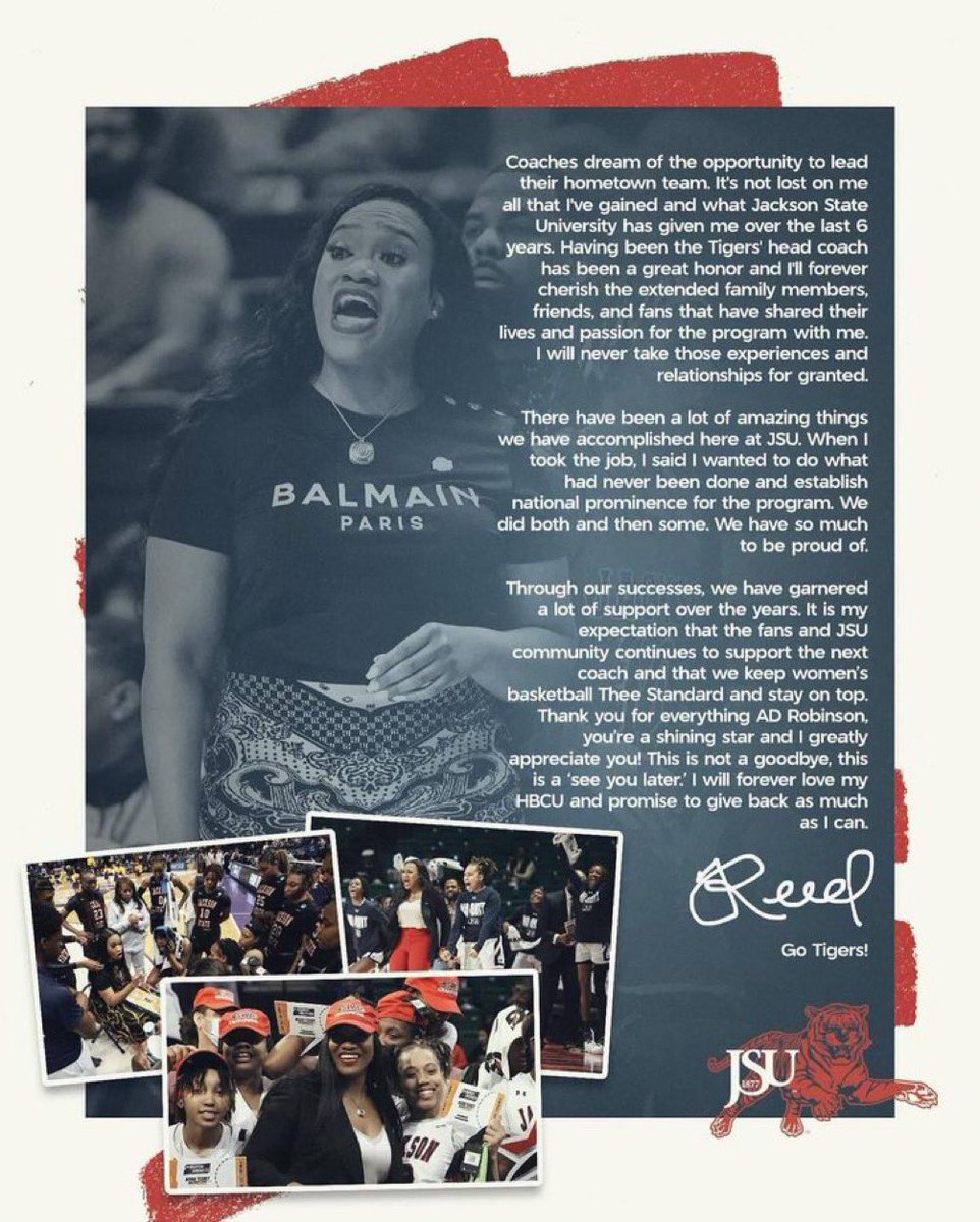 This is why the JSU Family respect OUR Jacksonian’s decision because she has done everything she SAID and more!! We are looking forward to even more greatness from @CoachTReed!! #GodsTiming