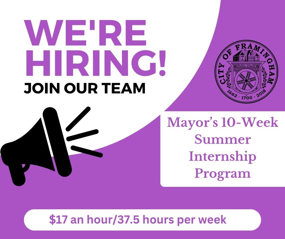 10 internships available. Internships in: * Finance * City of Framingham Parks & Recreation Department * Social Media & Video Deadline to apply is April 28. Link to apply and more details here framinghamma.gov/3723/Mayors-Su…