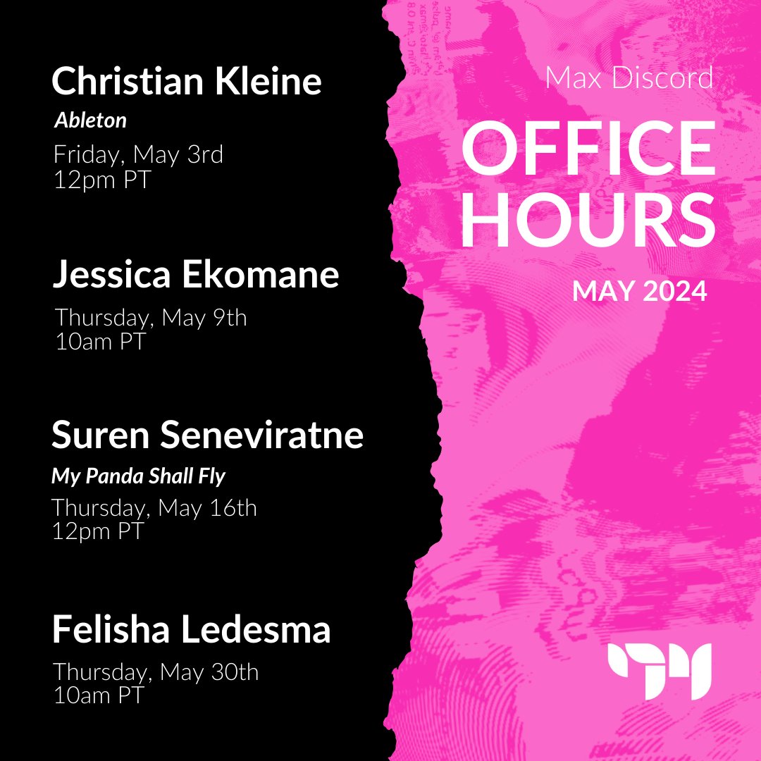 We are excited to announce our Discord Office Hours guests for May. Bring your questions and join us in the Max Discord on each of the dates listed (PT): discord.gg/max-2893785082…

@jessicaekomane @mypandashallfly #maxmsp #ableton #computermusic #experimentalmusic