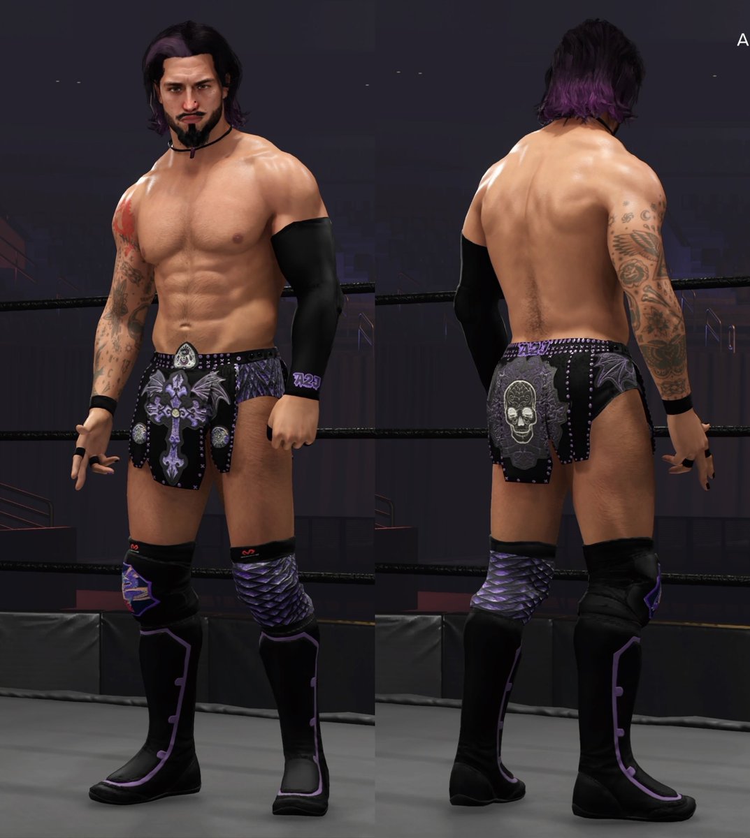 A2JWWE2k's tweet image. ⚫️🟣 A2J *UPDATED* 🟣⚫️ 

Updated face texture, morph and skin tone. 

Gear changes to colouring/brightness and accessories. Updated mask for entrance attire. 

Now Up on CC!

Tags: A2J / AWF

#AWF #CAWs #Cawcommunity #wwe2k23 #WWE #Caw #originalcaw #A2J