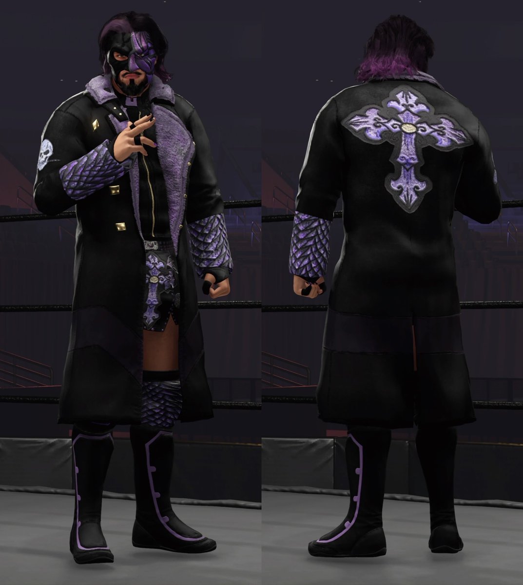 ⚫️🟣 A2J *UPDATED* 🟣⚫️ 

Updated face texture, morph and skin tone. 

Gear changes to colouring/brightness and accessories. Updated mask for entrance attire. 

Now Up on CC!

Tags: A2J / AWF

#AWF #CAWs #Cawcommunity #wwe2k23 #WWE #Caw #originalcaw #A2J