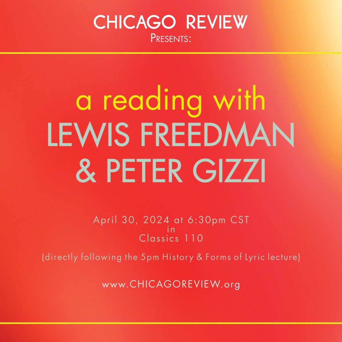 chireview's tweet photo. we're having a reading with poets! come down for the lecture (5pm) and the reading, or just the reading! 6:30pm, Classics 110 (1010 E 59th St). We're so excited to see you there... https://t.co/vgeM664FCP