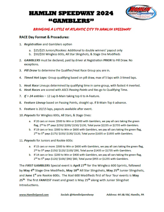 HamlinSpeed's tweet image. Hamlin Speedway OPENER 2024 is Saturday April 27th!  Schedule of events -&amp;gt; w/ Wingless 600 Sprints racing the Gamblers $500 to Win Special!  Gates 2pm, Registration 3-5:30, Drivers Meeting 5:45, and Warm Ups at 6!  General Admission Spec $5 All Ages!  Let's do this Boys &amp;amp; Girls!