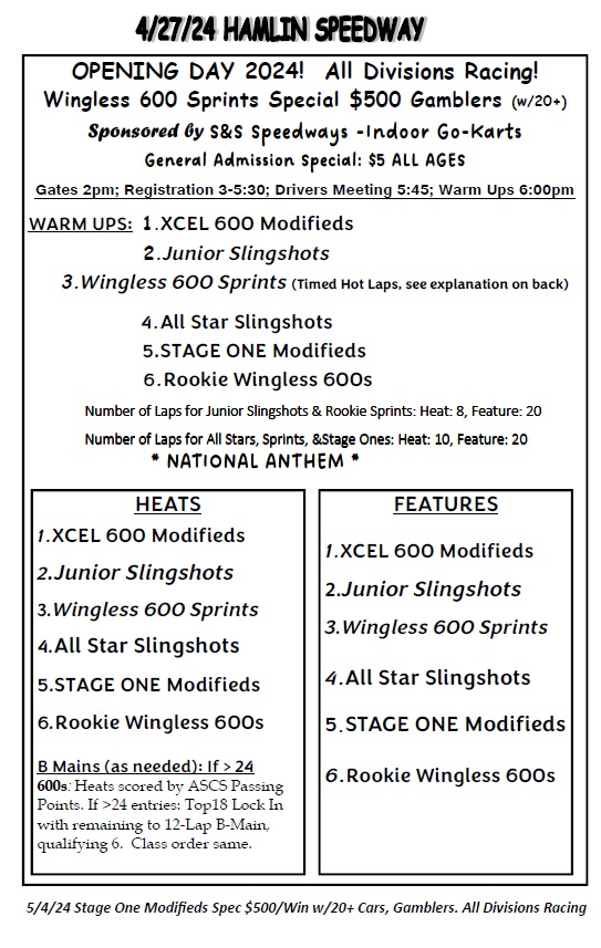 HamlinSpeed's tweet image. Hamlin Speedway OPENER 2024 is Saturday April 27th!  Schedule of events -&amp;gt; w/ Wingless 600 Sprints racing the Gamblers $500 to Win Special!  Gates 2pm, Registration 3-5:30, Drivers Meeting 5:45, and Warm Ups at 6!  General Admission Spec $5 All Ages!  Let's do this Boys &amp;amp; Girls!