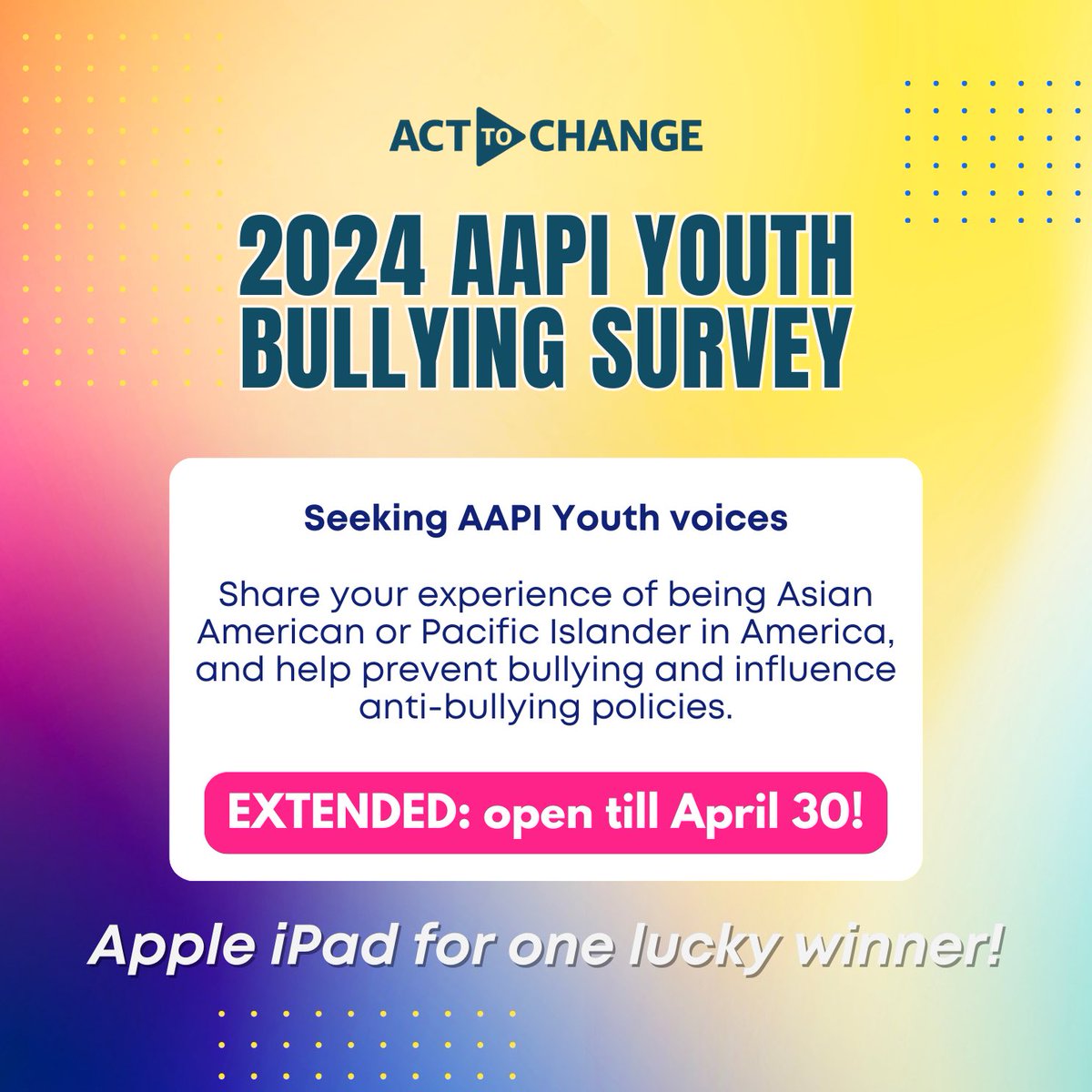 📝 Let's use the power of data to prevent bullying. @acttochange is conducting a nationwide AAPI Youth Bullying survey to lift up your stories and experiences. (1/2)