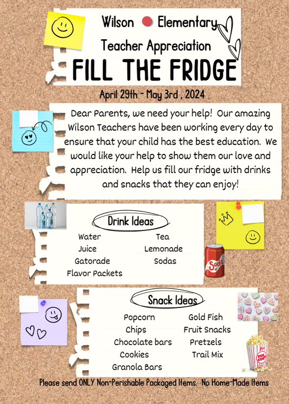 We need your help! Teacher appreciation week is coming soon. Let's show our Teachers how much we love an appreciate them by FILLING THE FRIDGE! Please send non-perishable items to the school office next week, April 29th - May 3rd! Thank you! @Erikardz11G @Karime_Flores7