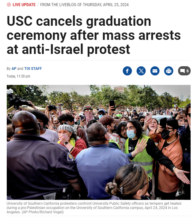 The University of Southern California has had to cancel its graduation ceremony after dozens were arrested yesterday for trespassing and one for alleged assault with a deadly weapon.