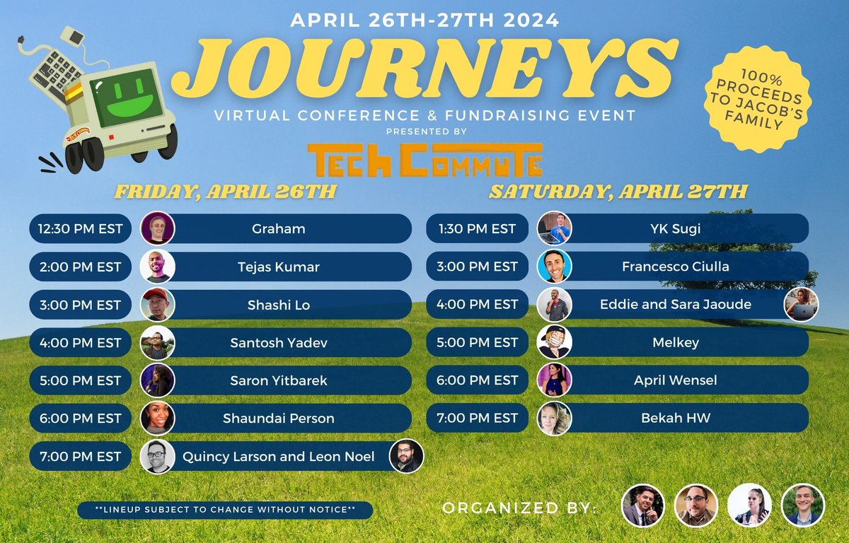 I'm excited to participate in #JourneysConference with #100Devs founder Leon Noel on Friday.

Proceeds from the event will support a member of the developer community whose family member was recently diagnosed with stage 3 cancer.

A lot of devs joining in this.