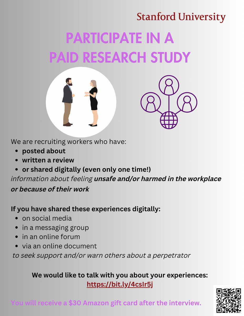 📢 Have you shared work-related harm (harassment, abuse, nonpayment, etc) with others digitally (in an online group, online document, etc)? We'd like to interview you about how you use tech to discuss harm. Sign up: bit.ly/4csIr5j Learn more: digitalsafetyresearch.su.domains