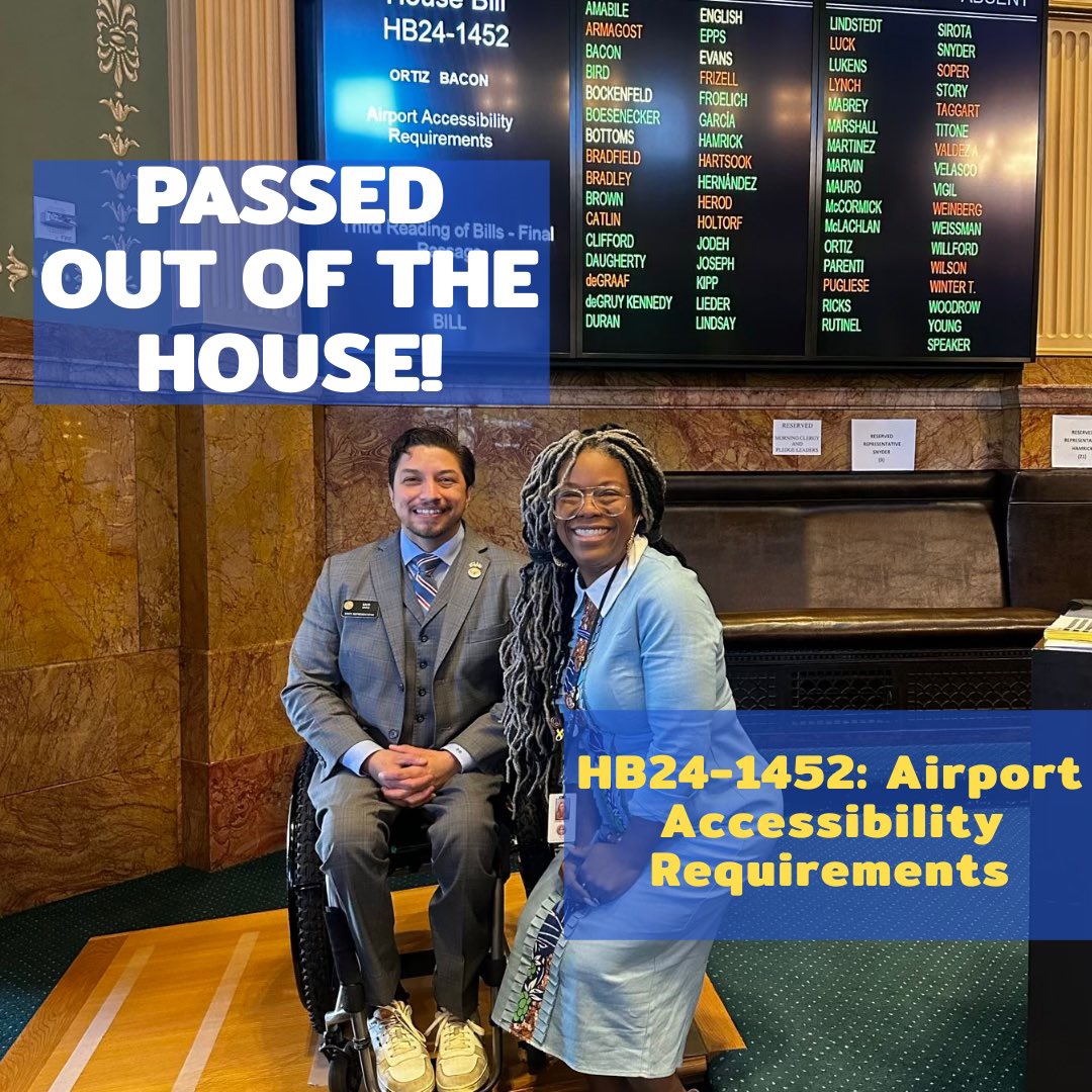 HB24-1452 has passed through the House!! 👏

Secures access large hub airports in CO:

✈️ Mandating accessibility features
✈️Creating advisory committee to support expanding accessibility features within airports
A win for BASIC ACCESS!! ✈️♿✊🏽

#copolitics #disabilityrights