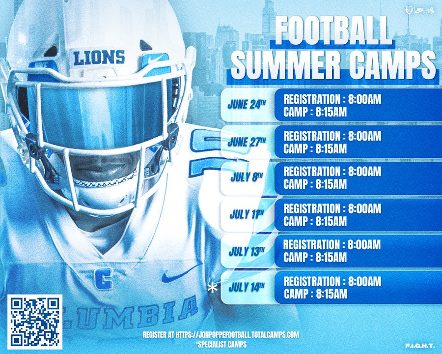 Make @CULionsFB a priority this summer!! We can't wait to see you compete!! F.I.G.H.T. 🦁 jonpoppefootball.totalcamps.com/About%20Us