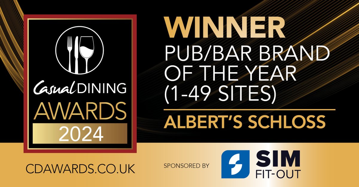 Congratulations to <a href="/AlbertsSchloss/">Albert's Schloss</a>. Winner of the Pub/Bar Brand of the Year (1-49 sites) sponsored by <a href="/SIM_Fit_Out/">SIM Fit-Out</a>. #CDawards24